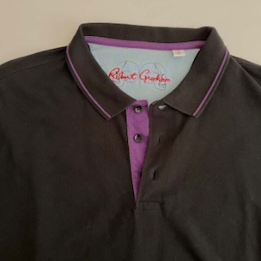 Robert Graham Polo, Black with Purple Trim XL, 100% cotton, Made in Peru